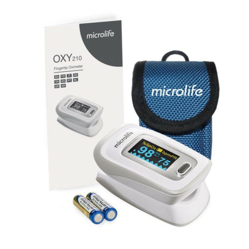 Microlife OXY 210 witte vinger saturatiemeter met OLED-display, opbergzakje en batterijen