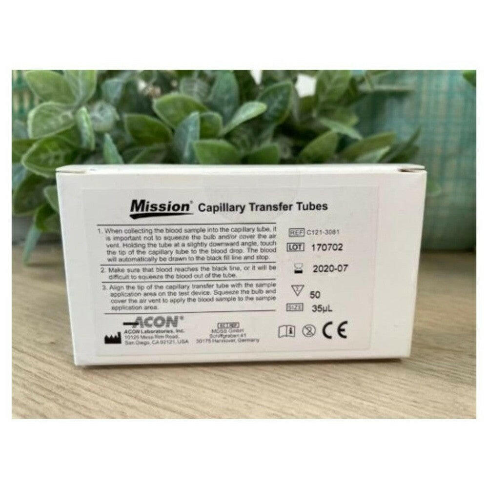 Doos Mission Capillary Transfer Tubes met ACON Laboratories logo en instructies