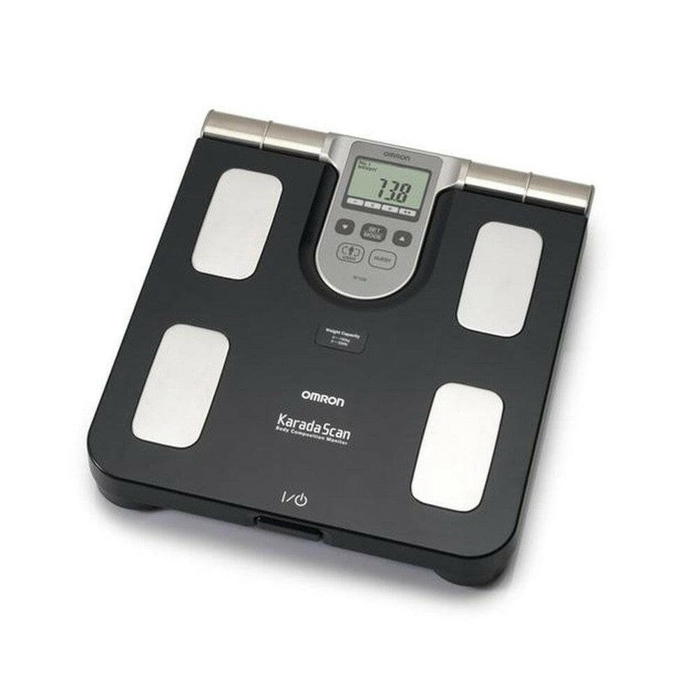 Omron BF508 lichaamsvetmeter met weegschaal zwart met digitale display en zilveren elektroden
