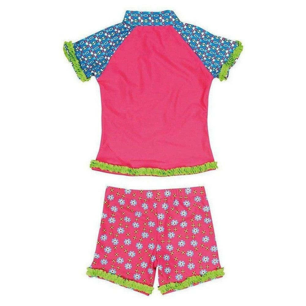 Achterkant van Playshoes UV-zwemkleding set roze met blauwe mouwen en bloemenprint