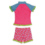 Achterkant van Playshoes UV-zwemkleding set roze met blauwe mouwen en bloemenprint