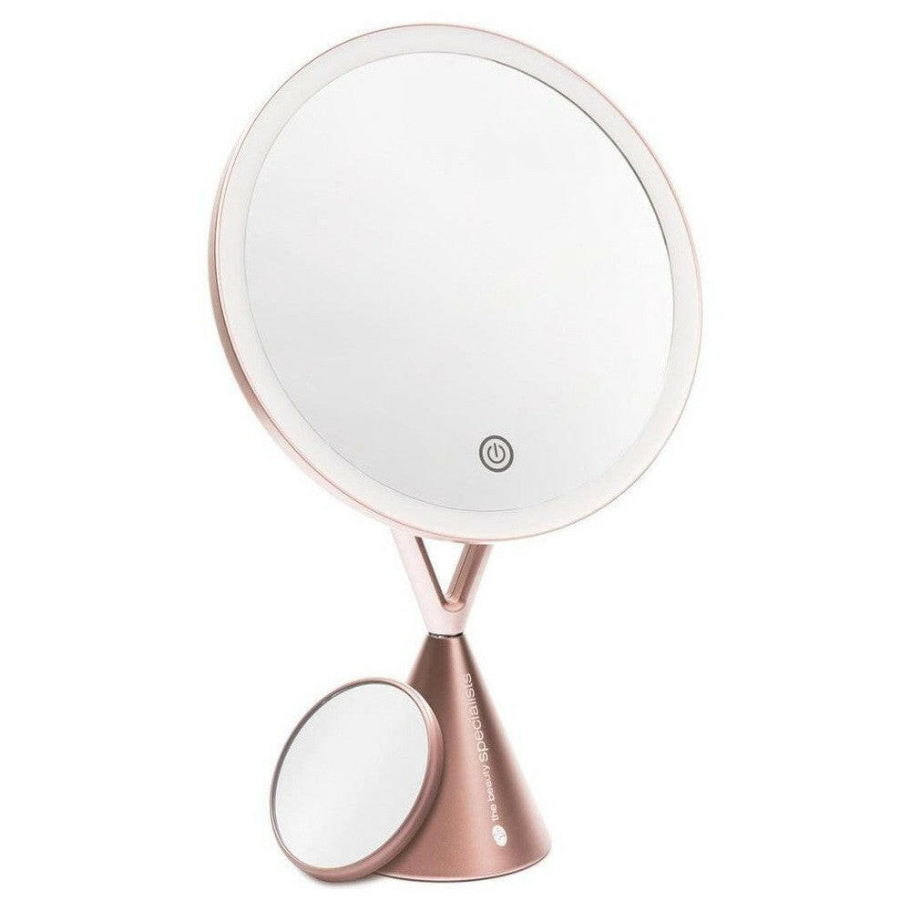 Roze metalen make-upspiegel met afneembare 5x vergrootspiegel en LED-verlichting