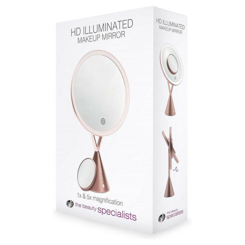 Verpakking van HD verlichte make-upspiegel met 1x en 5x vergroting in roze-goud