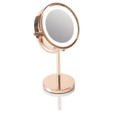 Volledig zichtbare Rio roze-gouden LED make-upspiegel op witte achtergrond