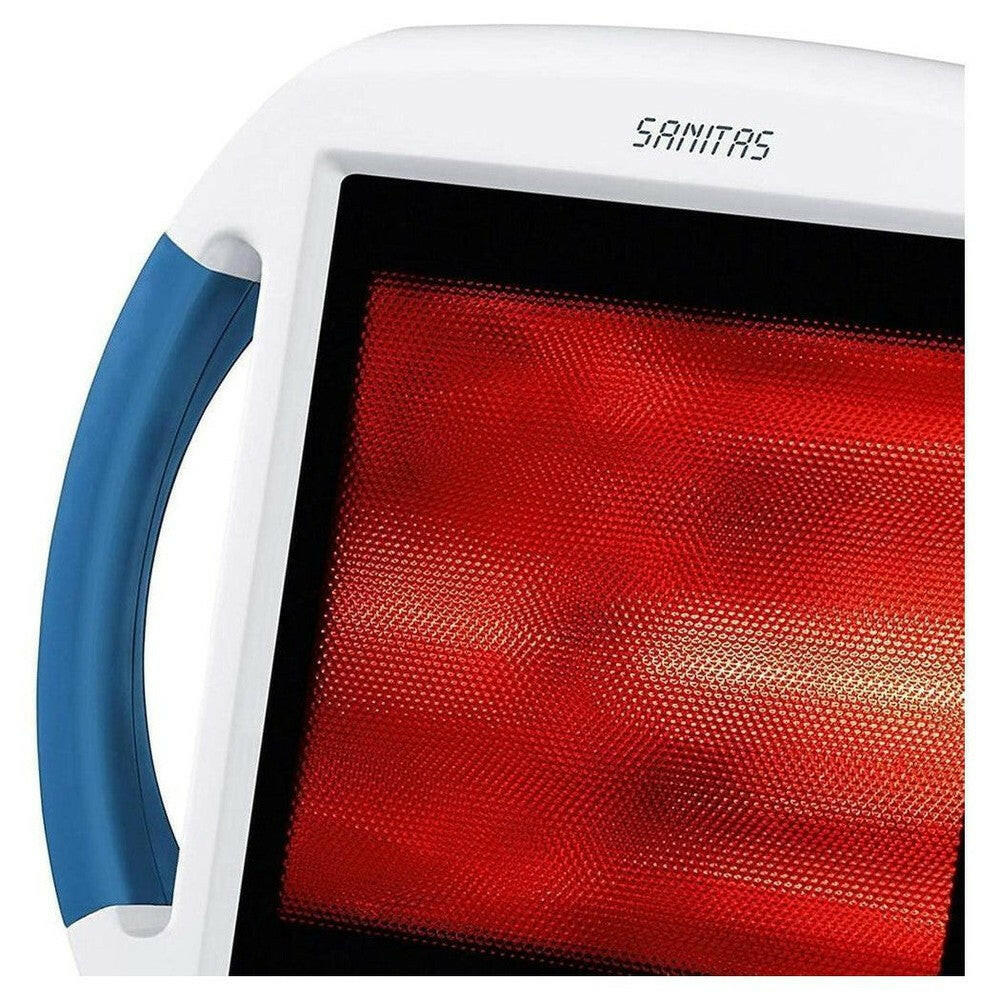 Sanitas infraroodlamp detail van geporeerd keramisch paneel en logo