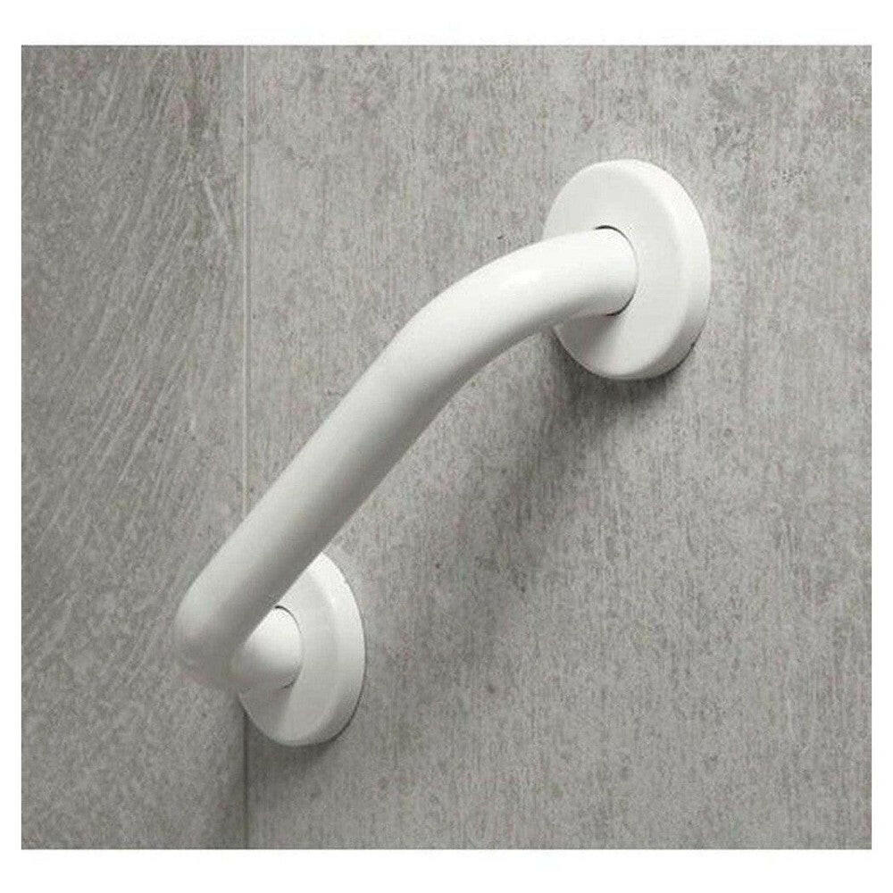 SecuCare wandbeugel wit staal gemonteerd op textuurrijke tegelwand