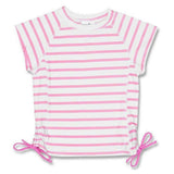 Snapper Rock UV-zwemshirt voor kinderen met korte mouwen, wit met roze strepen en aanpasbare pasvorm