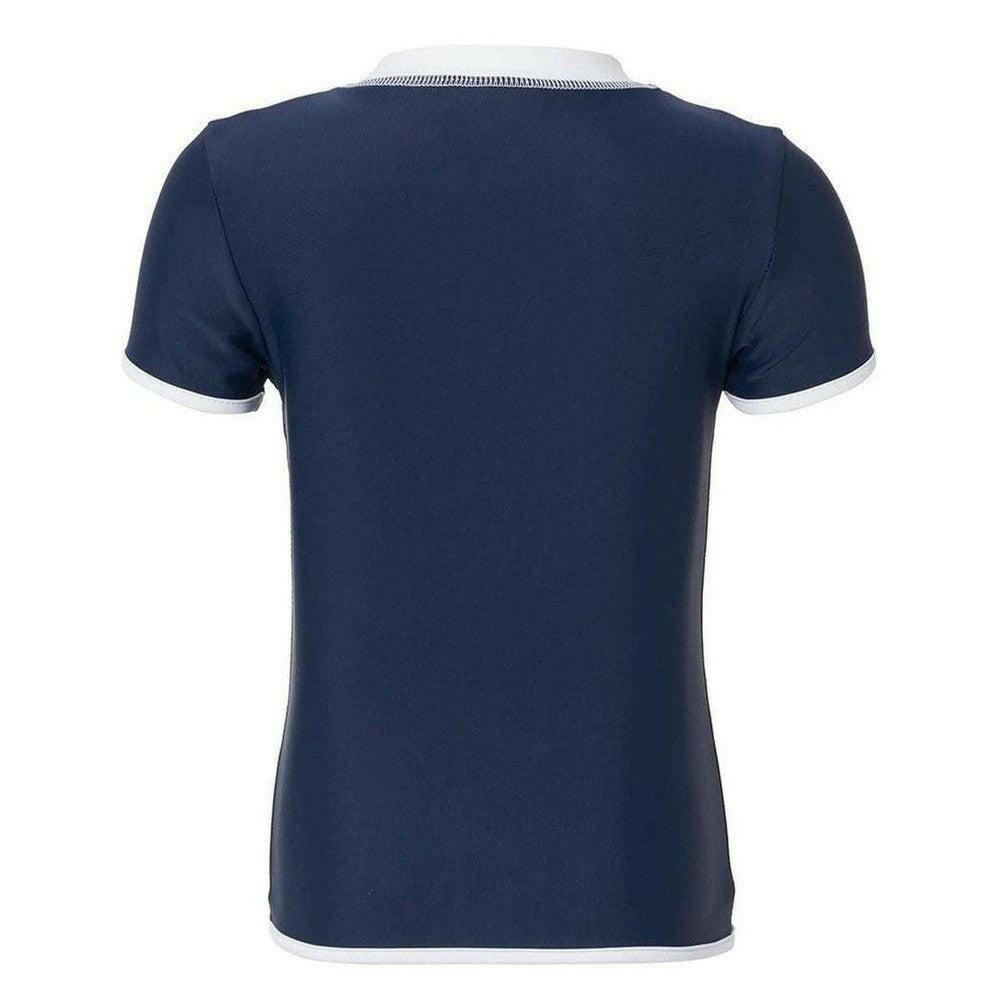 Achterkant navyblauw kinder UV-shirt met korte mouwen en witte bies