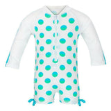 Snapper Rock UV-zwemkleding wit met groen-blauwe stippen, lange mouwen en rits