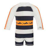 Snapper Rock UV-zwemkleding rugzijde wit-blauw gestreept met oranje haaienprint