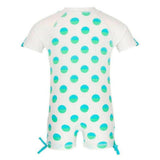 Achterkant Snapper Rock kinder zwempak wit met blauw-groen halve cirkel patroon en strikjes