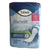 Zijzicht Tena Discreet Extra Plus verpakking 16 stuks met plastic folie en paarse sticker