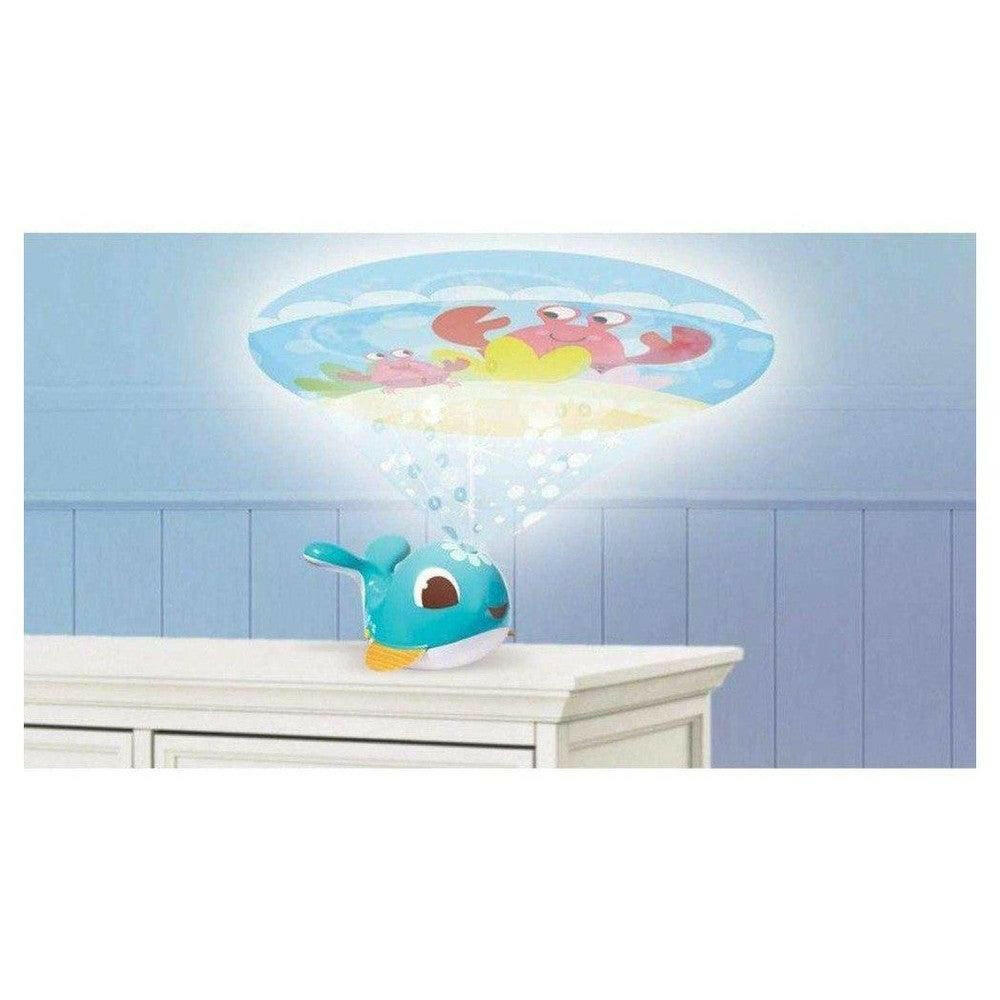 Tiny Love Cody walvis projector projecteert roze krab en bubbels op plafond