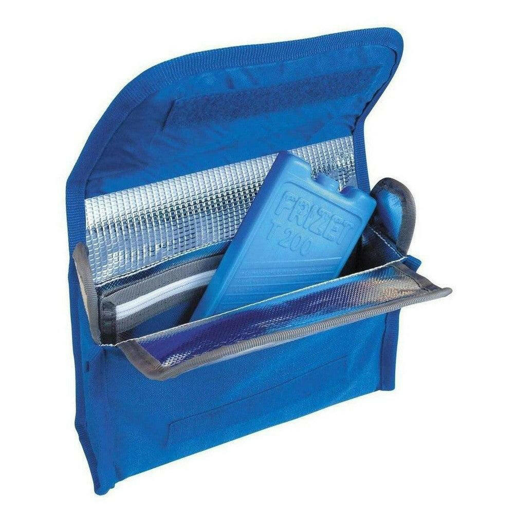 Open blauw TravelSafe Iso Medi Bag koeltasje met FRIZET koelelement en zilveren isolatie
