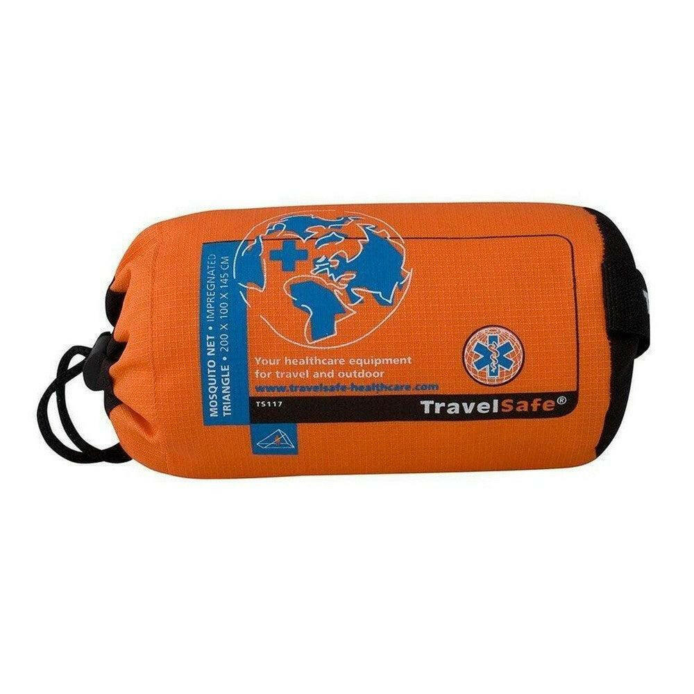 TravelSafe geïmpregneerde oranje opbergzak voor driehoekig muggennet met wereldkaart