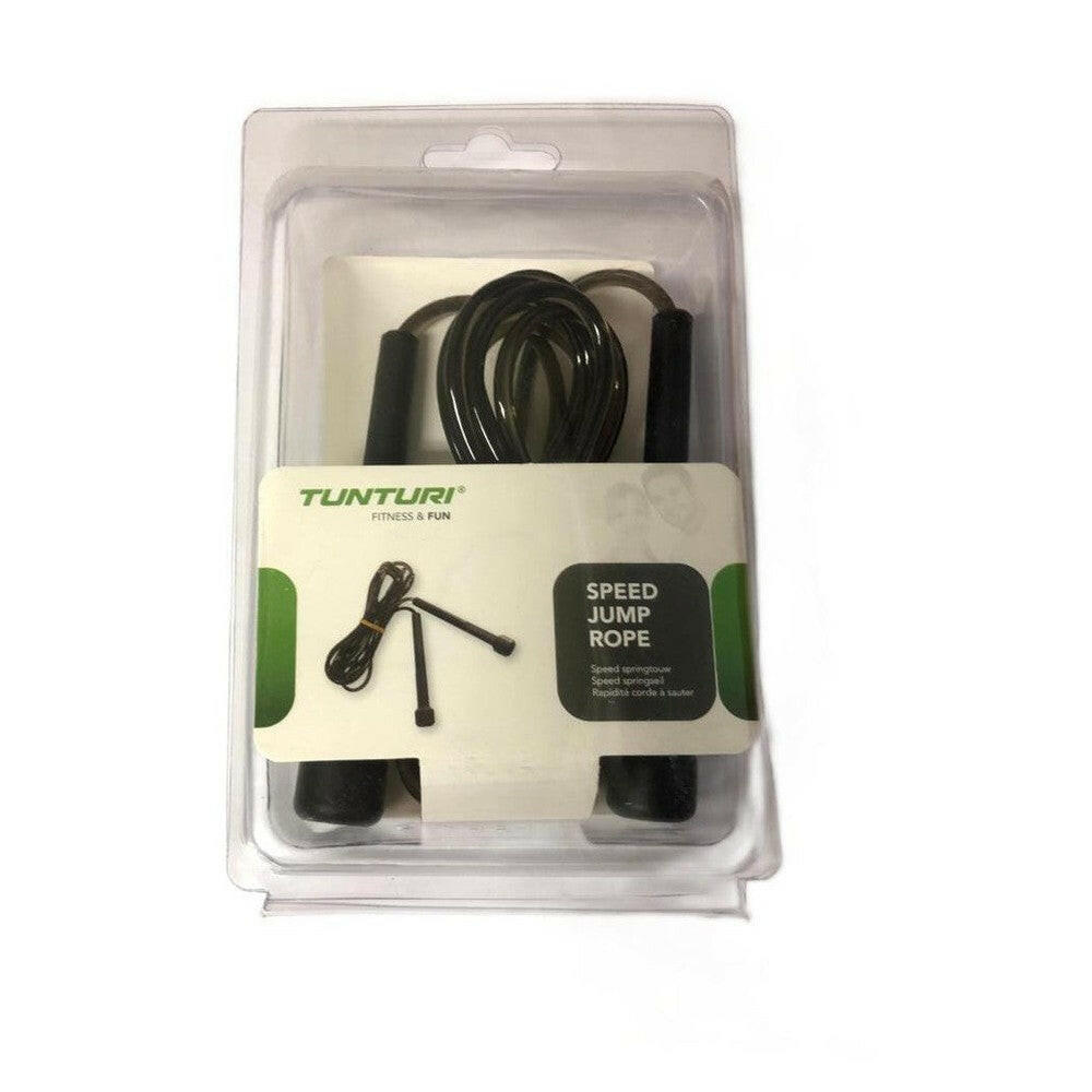 Tunturi Speed springtouw in verpakking met zwarte handvatten en PVC-draad