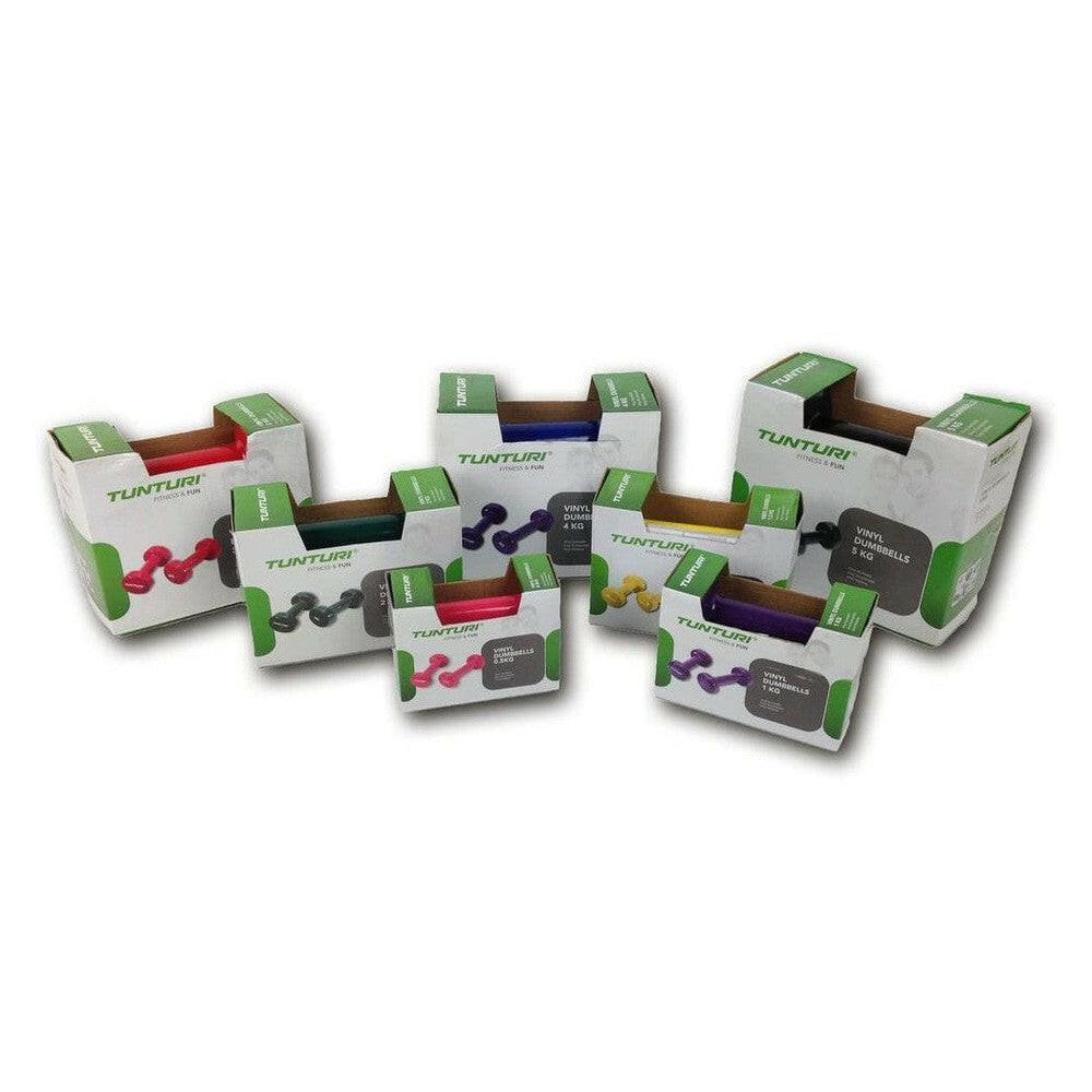 Verpakte Tunturi vinyl dumbbells sets in witte dozen met groen