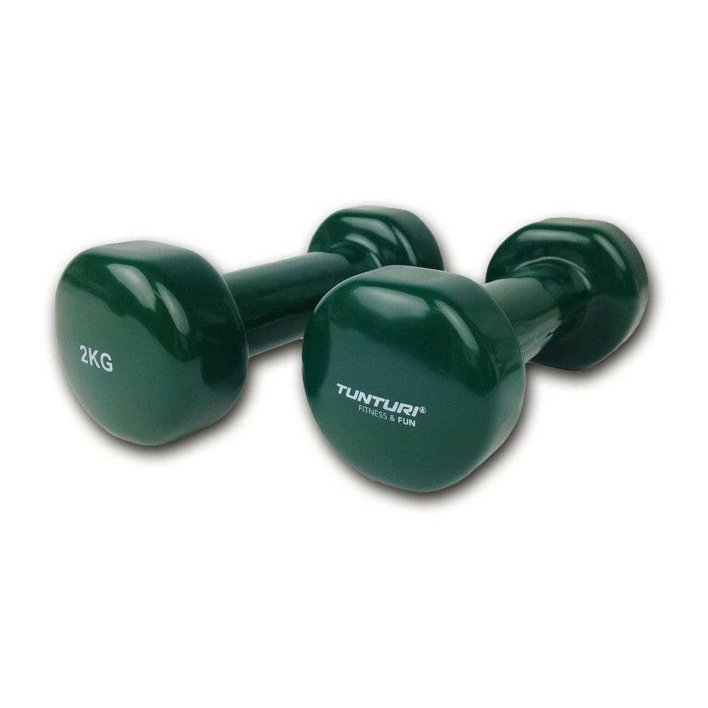 Donkergroene Tunturi vinyl dumbbells set van 2kg met gladde grip