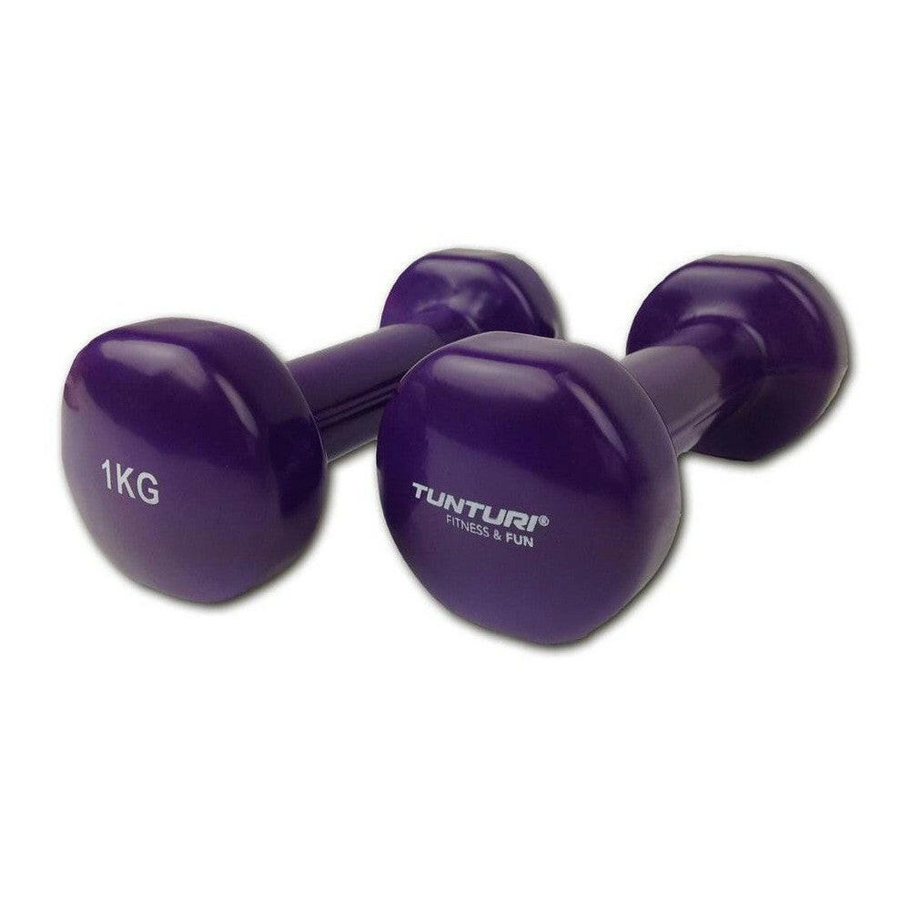 Paarse Tunturi vinyl dumbbells set van 1kg met hoekige koppen