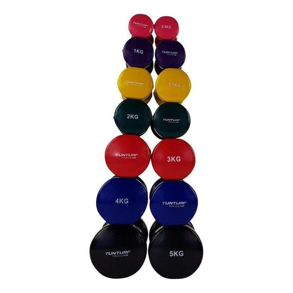 Gestapelde Tunturi vinyl dumbbells sets van 0,5 tot 5 kg