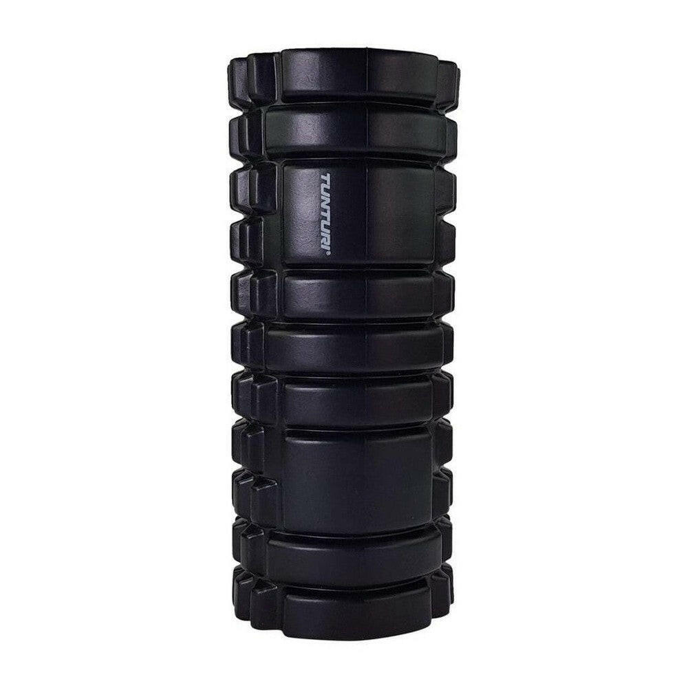 Vooraanzicht zwarte Tunturi foamroller met horizontale ribbels en merknaam