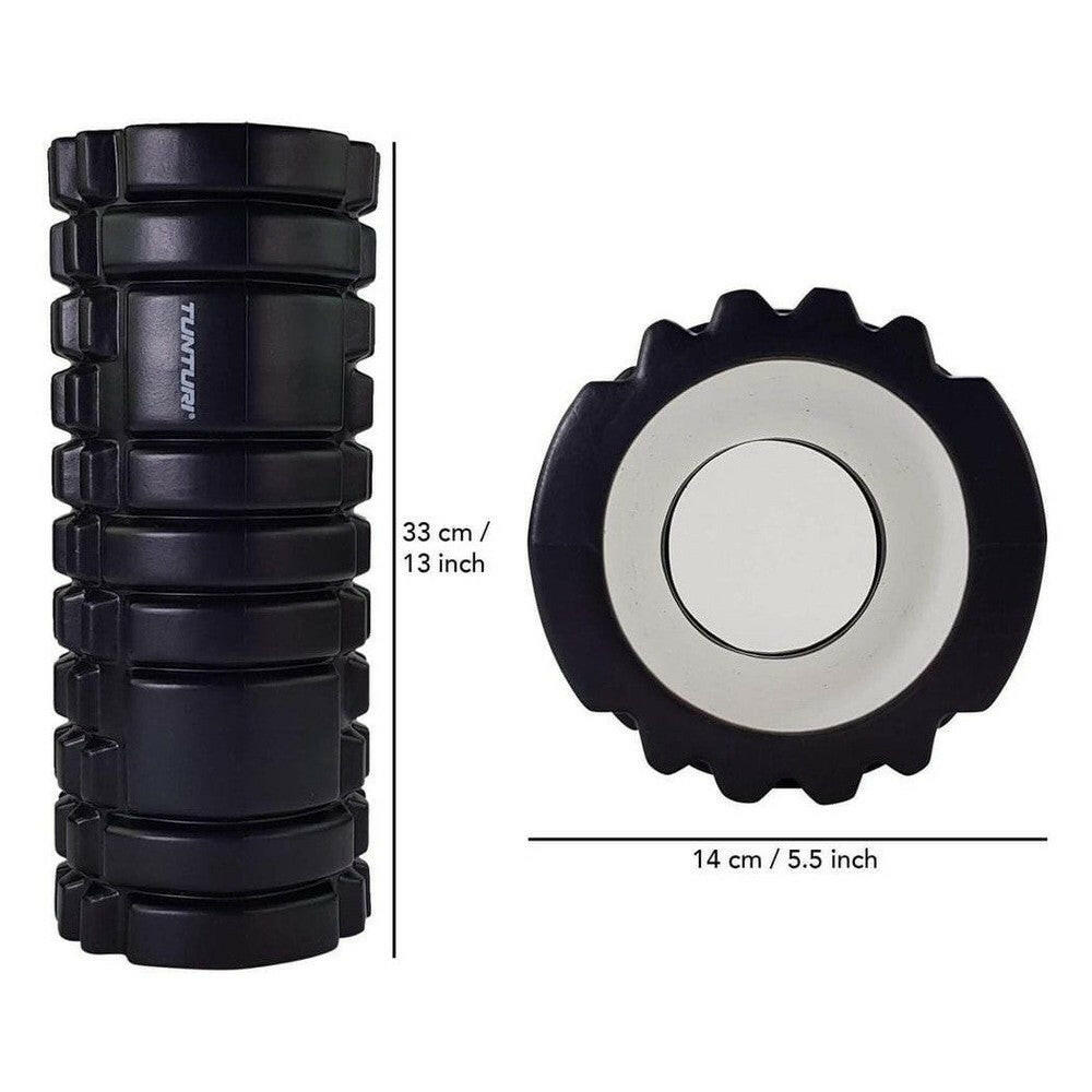 Technische afbeelding zwarte Tunturi foamroller met afmetingen 33x14 cm