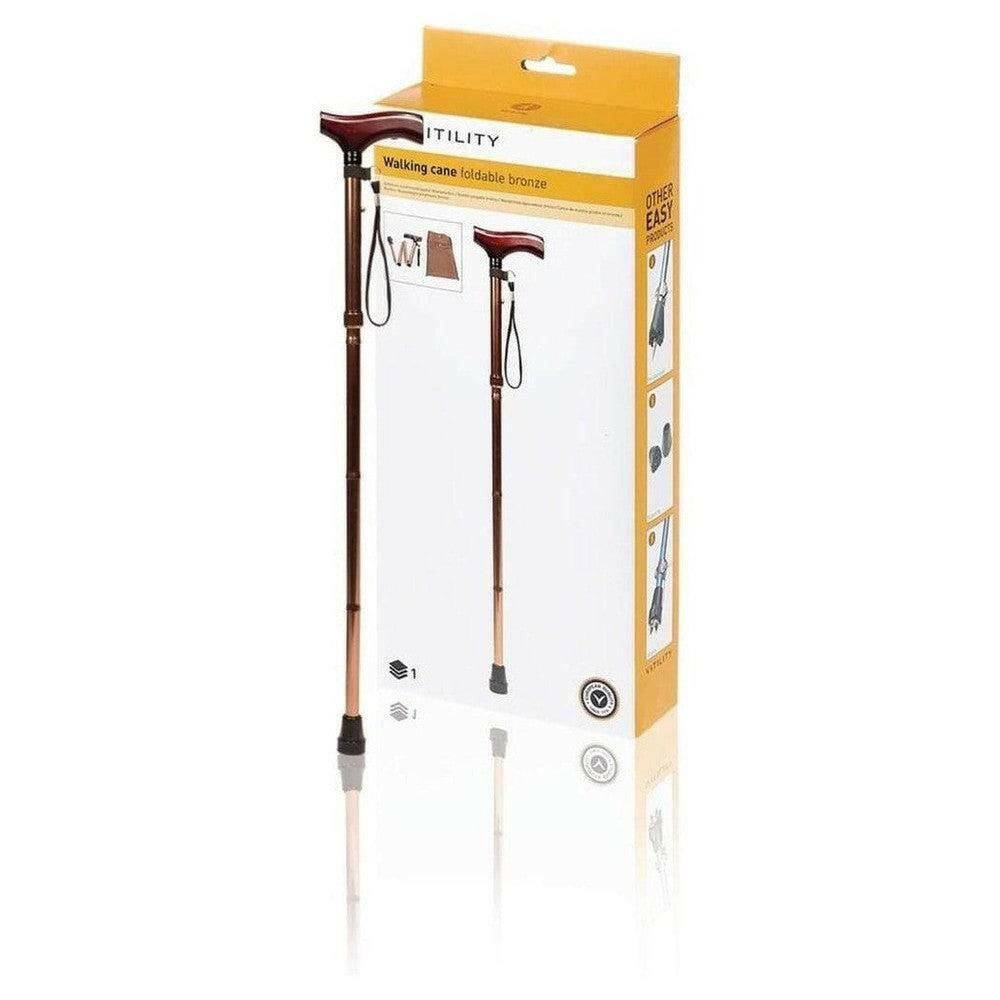Vitility opvouwbare wandelstok brons naast originele verpakking met productafbeelding