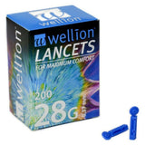Wellion lancetten 28G doos met 200 stuks en twee blauwe lancetten naast elkaar