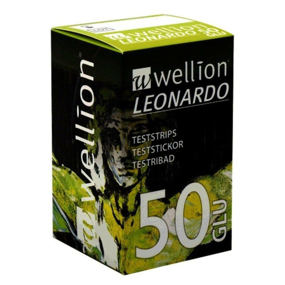 Wellion Leonardo glucose teststrips verpakking 50 stuks zwart met groen