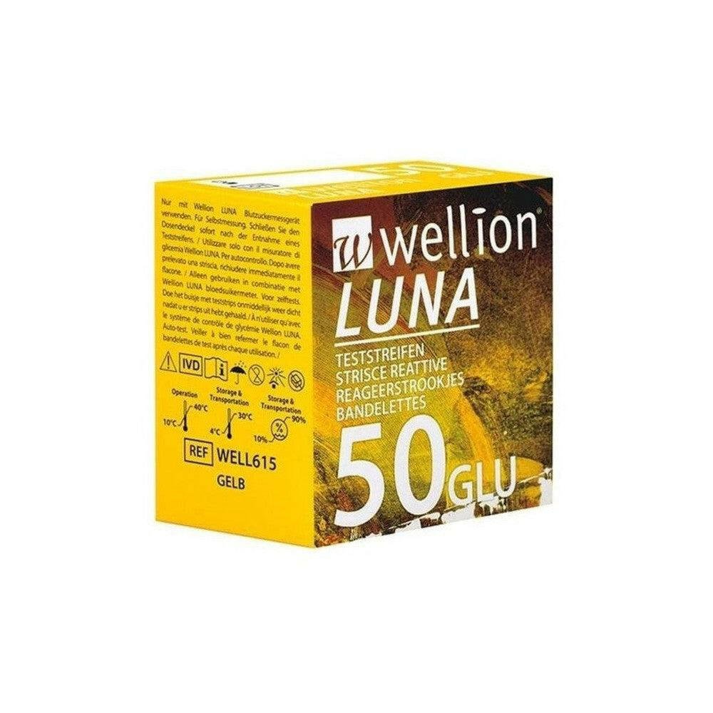 Wellion Luna glucose teststrips verpakking 50 stuks in gele doos