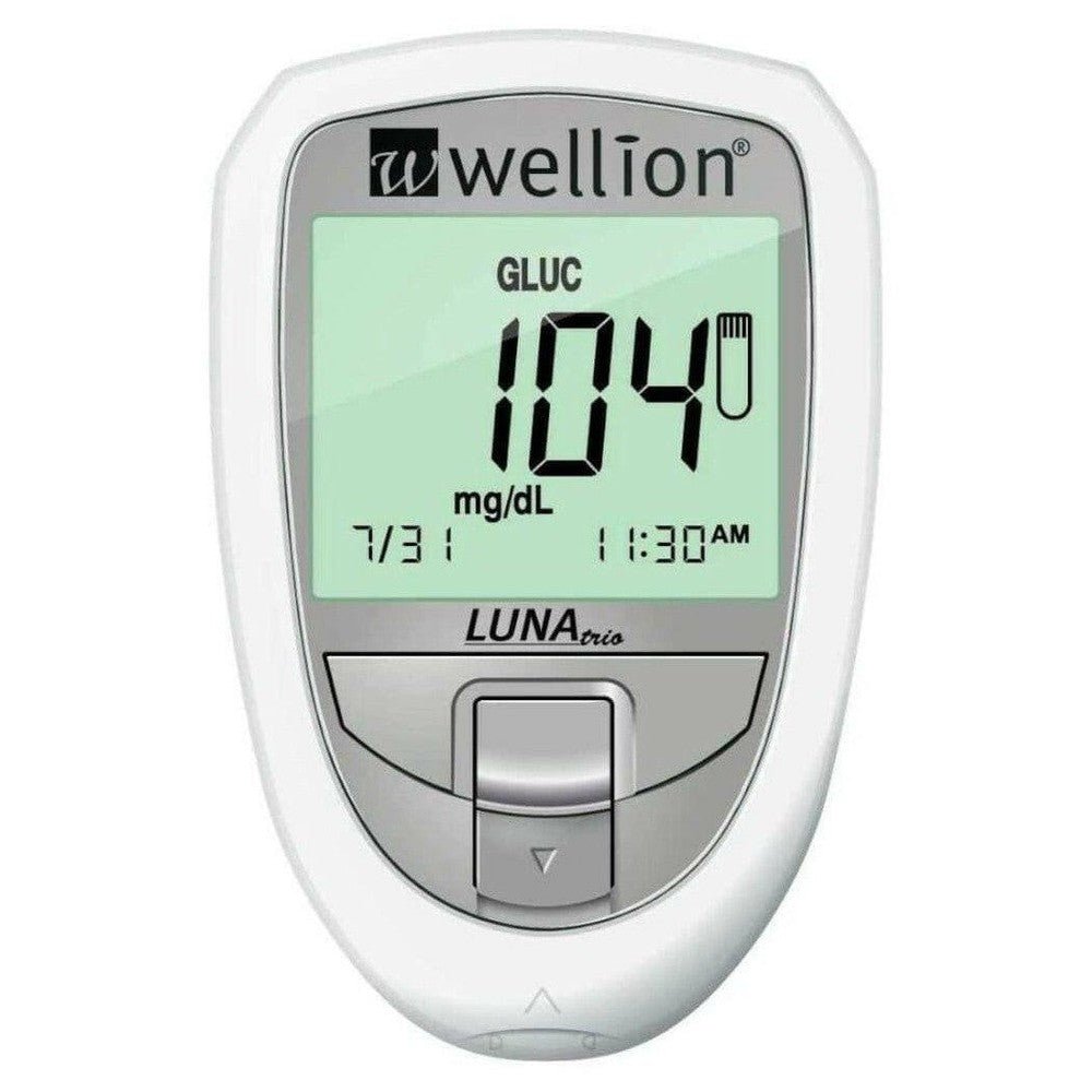 Witte Wellion Luna Trio glucometer met grote centrale knop en digitaal scherm