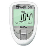 Witte Wellion Luna Trio glucometer met grote centrale knop en digitaal scherm