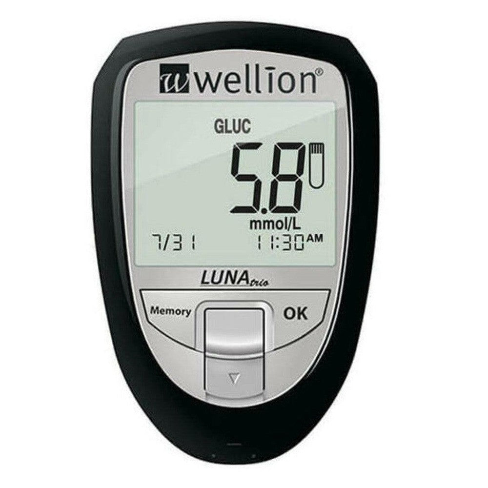 Zwarte Wellion Luna Trio glucosemeter met groot display en zilverkleurig paneel