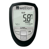 Zwarte Wellion Luna Trio glucosemeter met groot display en zilverkleurig paneel
