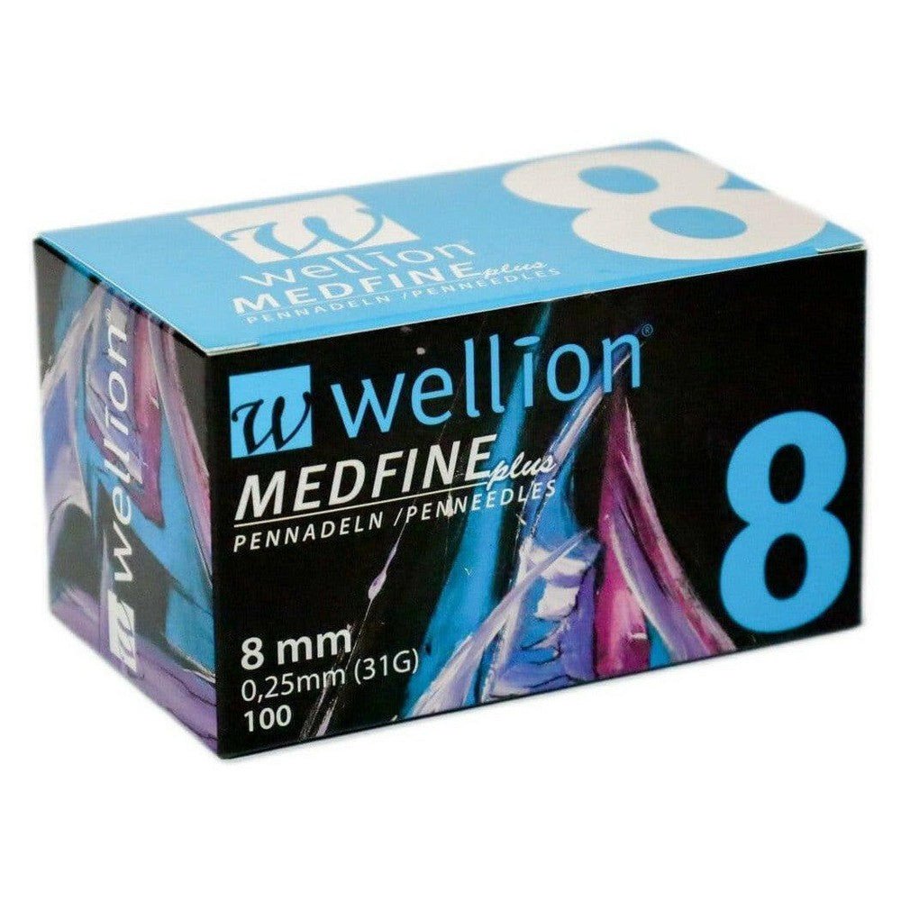 verpakking Wellion Medfine Plus pennaalden 8 mm 100 stuks lichtblauwe kleurcodering