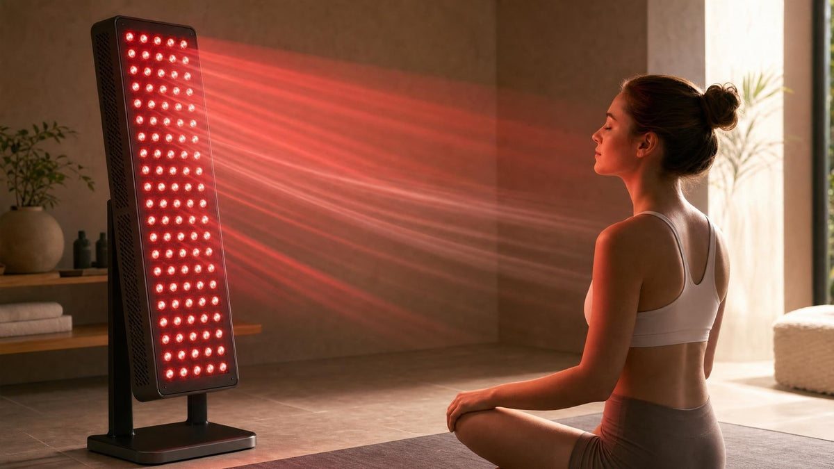 Roodlichttherapie met een moderne LED-panelenopstelling, met subtiele rode en nabij-infrarode lichtstralen voor huid- en spierherstel.