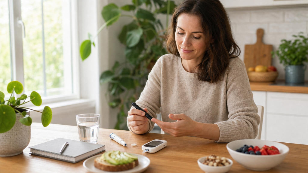 Persoon meet thuis cholesterol met een cholesterolmeter aan de keukentafel.