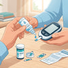 Handen die een glucosemeter gebruiken met teststrip en controlevloeistof, als illustratie bij een blog over het gebruik van controlevloeistof voor een glucosemeter.