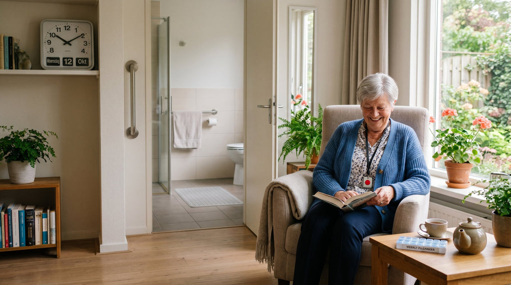Oudere vrouw in een rustige woonkamer met hulpmiddelen die zelfstandig en veilig thuis wonen ondersteunen.