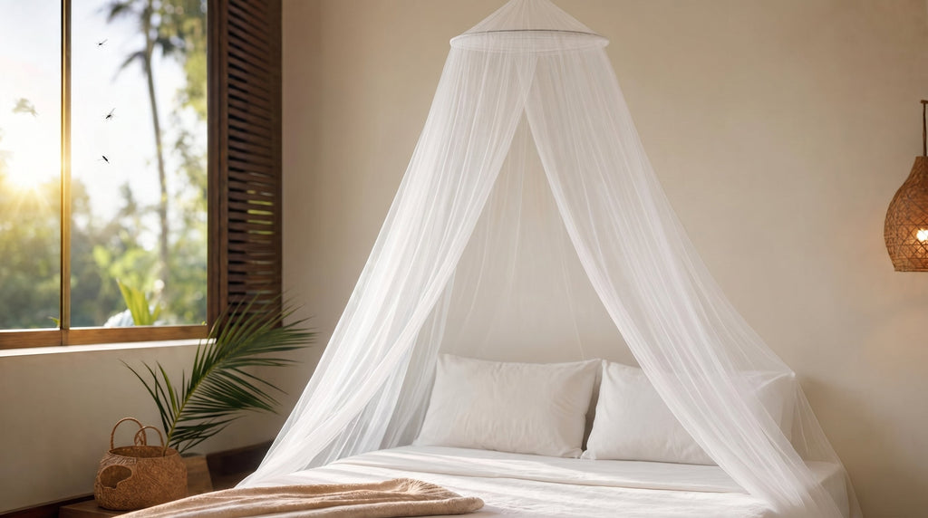 Een bed met één witte klamboe in een rustige slaapkamer, passend bij een blog over het verschil tussen geïmpregneerde en niet-geïmpregneerde klamboes.