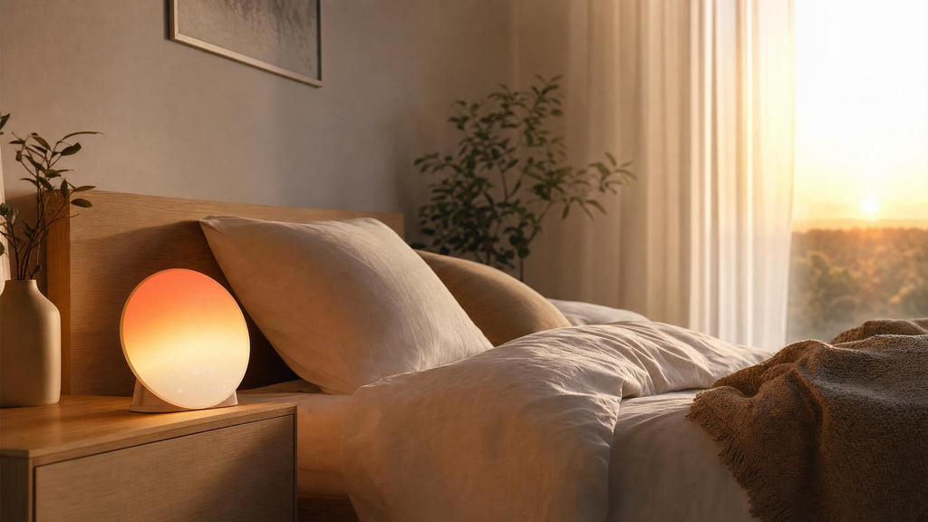 Wake-up light op een nachtkastje in een rustige slaapkamer met zacht oplopend ochtendlicht.