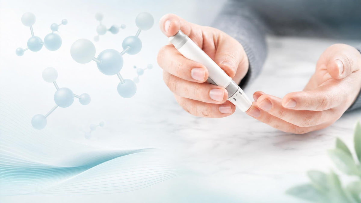 Rustige blogheader met een hand die een diabetesmeting uitvoert en subtiele moleculaire vormen op de achtergrond, als verwijzing naar ketonen en de relatie met bloedsuiker en diabetes.