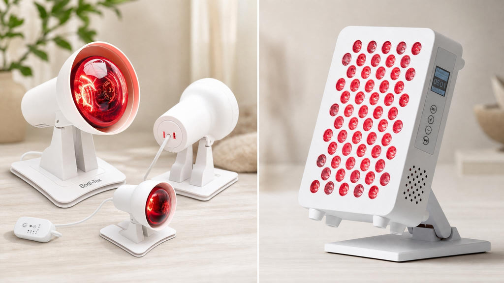 Vergelijking van een infrarood warmtelamp en een LED-roodlichttherapielamp op een lichte achtergrond, als blogheader over het verschil tussen beide toepassingen.