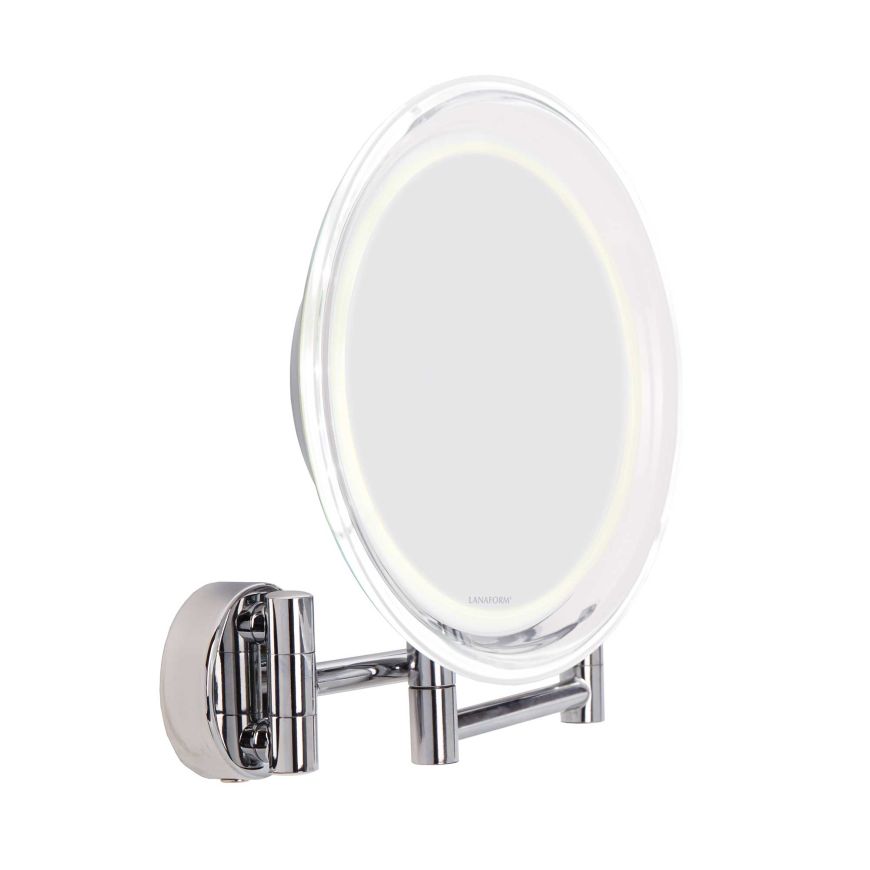 Close-up van ronde Lanaform spiegel met LED-verlichting en chroombevestiging