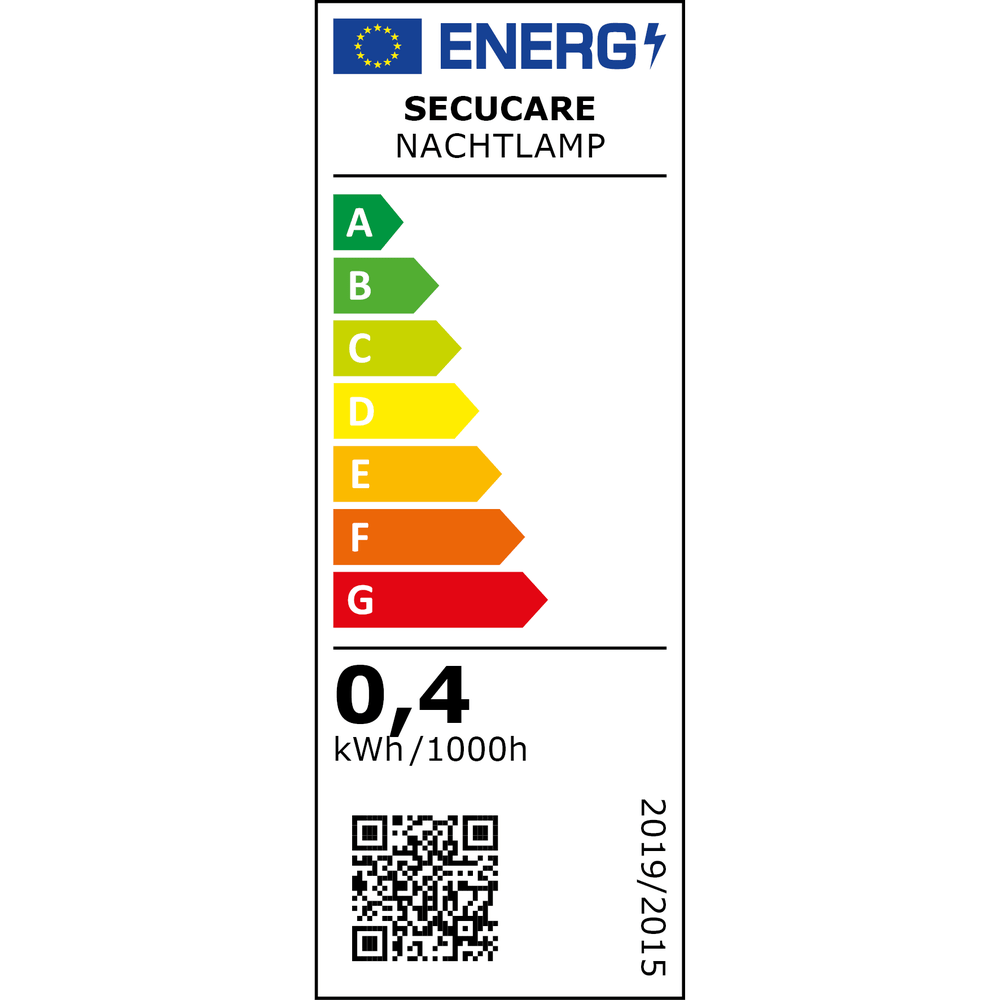 EU-energielabel SecuCare nachtlamp met energie-efficiëntieklasse A en 0,4 kWh/1000h