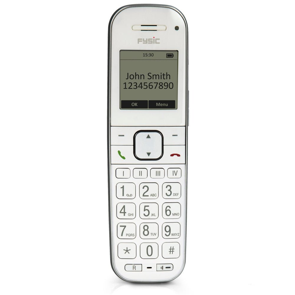 witte Fysic FX-9000 telefoon met Romeinse snelkiesknoppen en groot toetsenbord