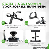 Tunturi Mini Bike Pro collage met details van display, weerstandsknop en antislipvoeten