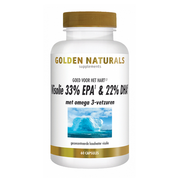 Golden Naturals visolie 33% EPA en 22% DHA in witte fles met gouden dop, 60 capsules