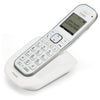 witte Fysic draadloze telefoon op oplaadstation met verlicht scherm en zilveren rand