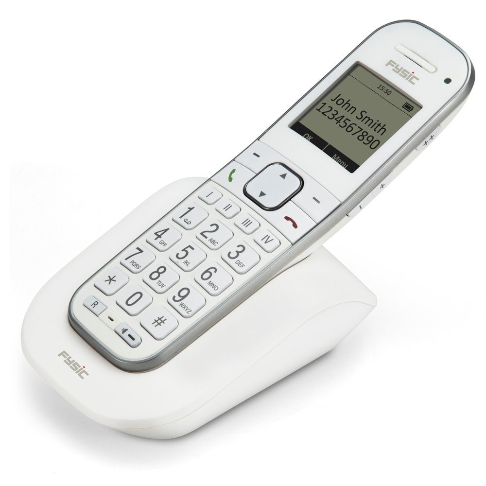 witte Fysic draadloze telefoon op oplaadstation met verlicht scherm en zilveren rand
